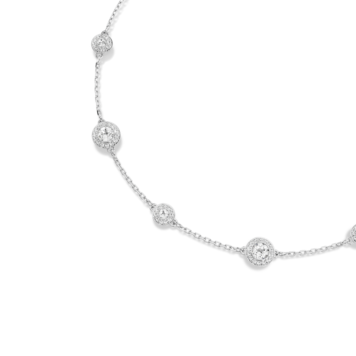 Introducing the Swarovski Una Angelic necklace, featuring double-sided round-cut white motifs set along a slender, rhodium-plated chain—beautifully displayed against a plain white background.