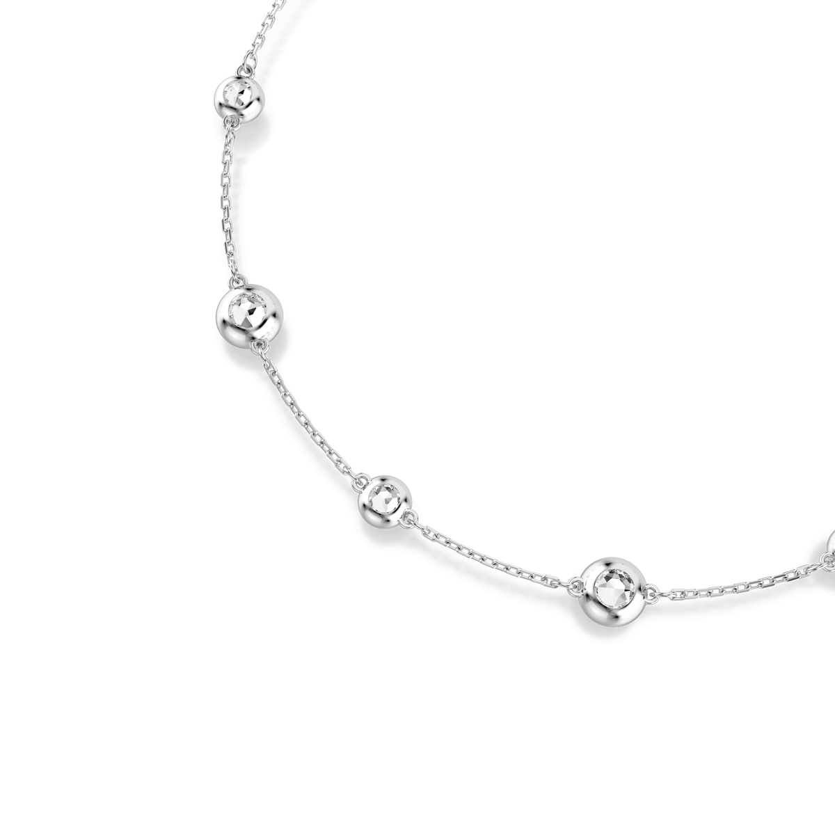 A Swarovski Una Angelic necklace featuring round cut, double-sided motifs in white, crafted with a fine rhodium plated chain, displayed on a white background.