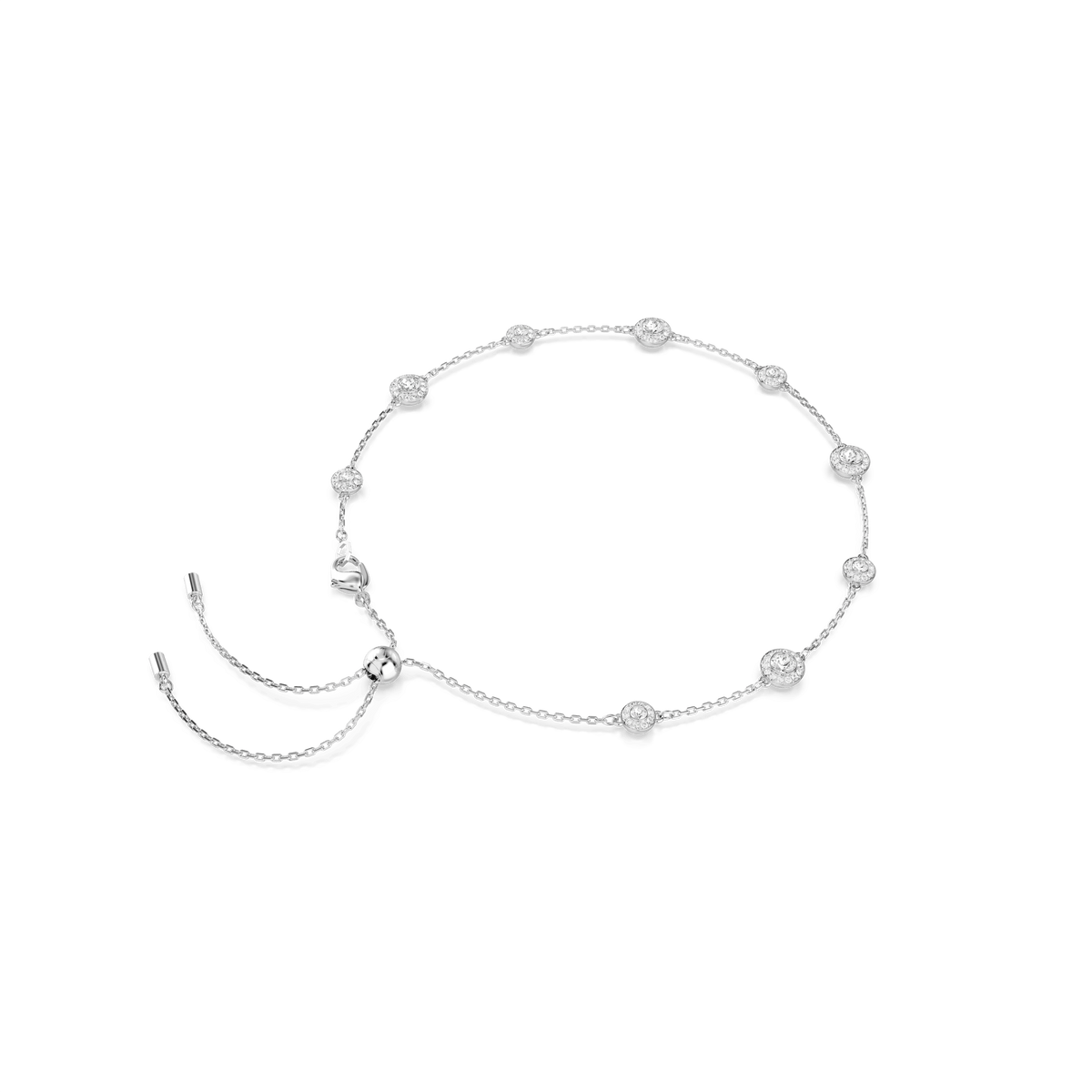 Swarovski Una Angelic necklace featuring round, sparkling gemstones with double-sided motifs, crafted in rhodium plated metal for an elegant finish.