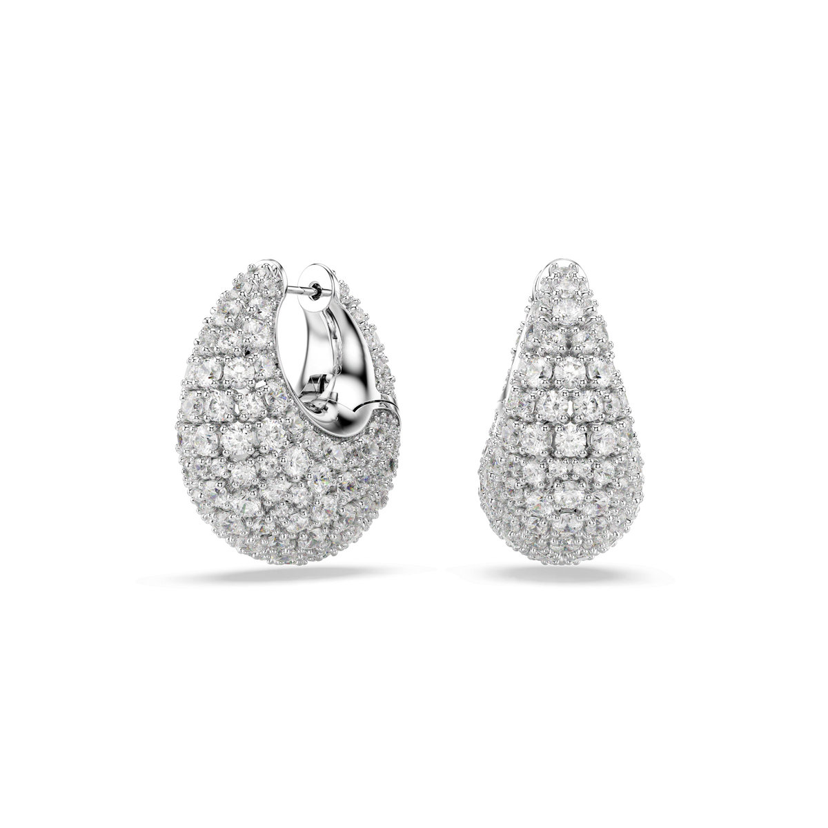 A pair of Swarovski Sublima Earrings PE L CRY/RHS, featuring teardrop-shaped hoops encrusted with sparkling white crystals, from Swarovski Canada, displayed against a plain white background.