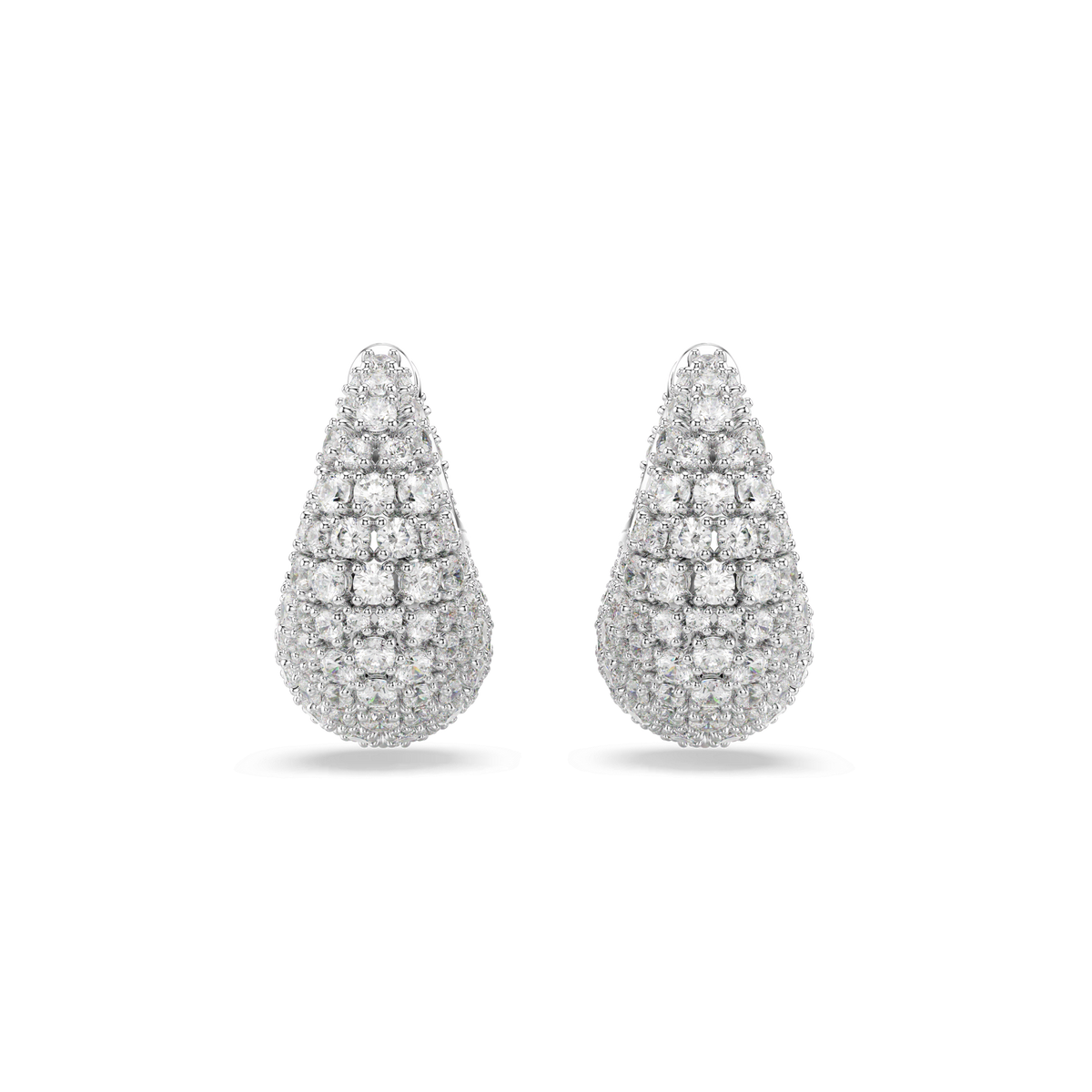 A pair of Swarovski Sublima Earrings PE L CRY/RHS, featuring a teardrop shape adorned with sparkling crystals, displayed on a white background.
