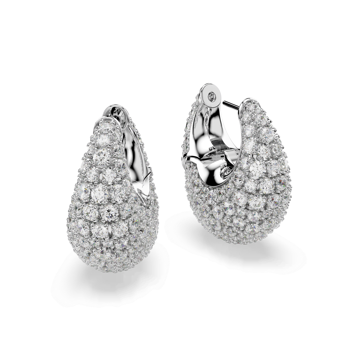 A pair of Swarovski Sublima Earrings PE L CRY/RHS, featuring teardrop shapes encrusted with sparkling Swarovski crystals set in radiant white metal, displayed against a plain white backdrop—an exquisite new piece from the Swarovski Canada collection.