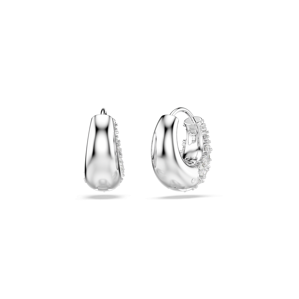 Swarovski Sublima earrings, crafted by Swarovski, feature a smooth, polished front and a row of sparkling white Swarovski Zirconia adorning the inner curve. Rhodium plated and expertly made using the chatonnage technique, these elegant earrings are displayed against a plain white background.