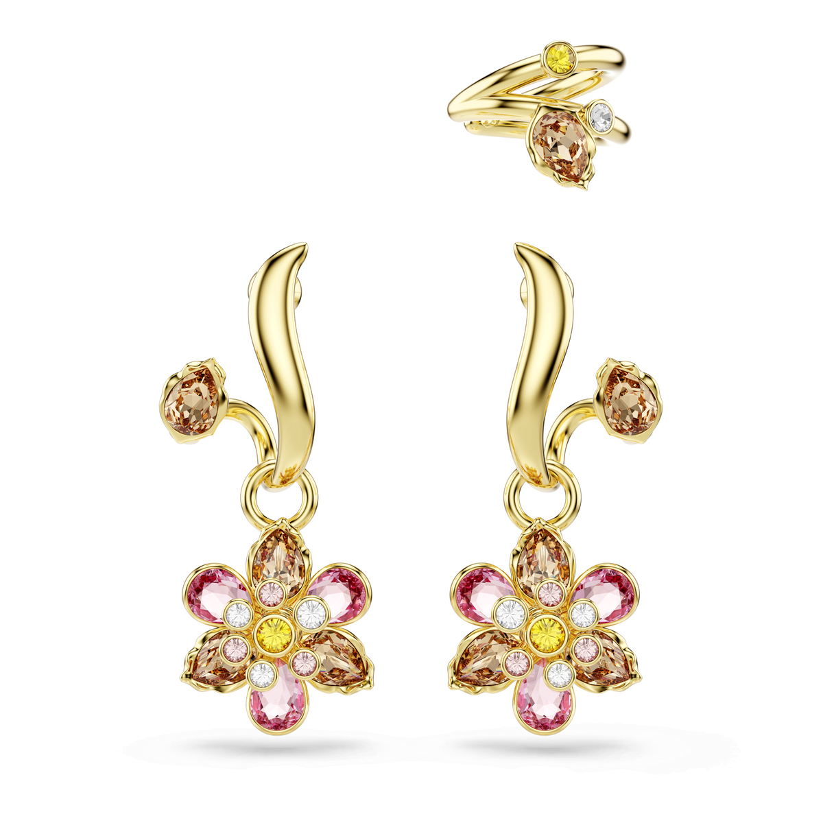Adorned with pink, yellow, and brown gemstones, the Swarovski Idyllia Gold-Tone Plated Earrings and matching gold ring with yellow and clear stones evoke timeless charm against a light background. Inspired by the elegance of Swarovski, this jewelry set brings sophisticated sparkle to any look.