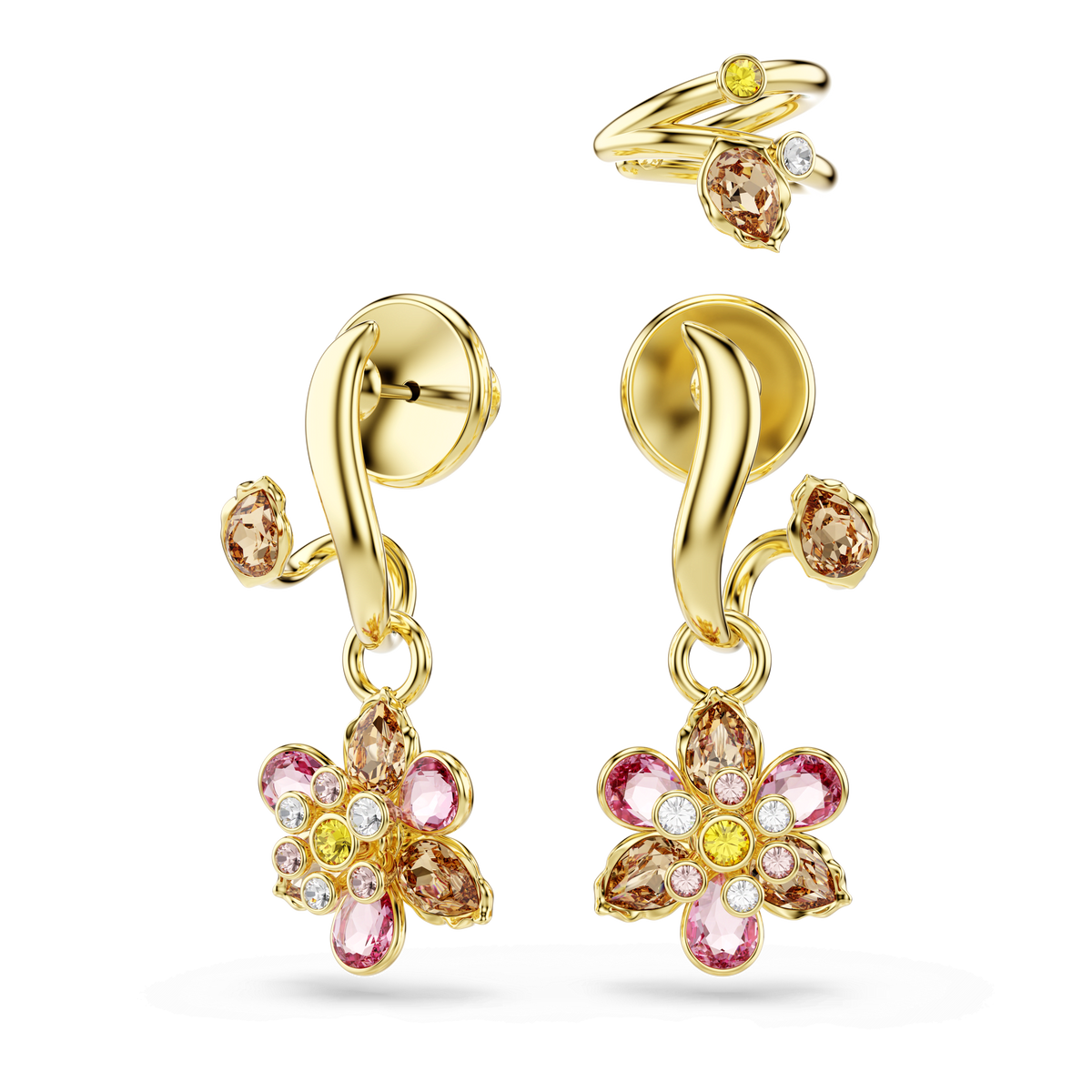 Swarovski’s Idyllia Gold-Tone Plated Earrings set dazzles with dangle flower designs featuring pink, yellow, and clear gemstones, complemented by a matching gold ring adorned with yellow and clear stones—an elegant display on a white background from Swarovski Canada.