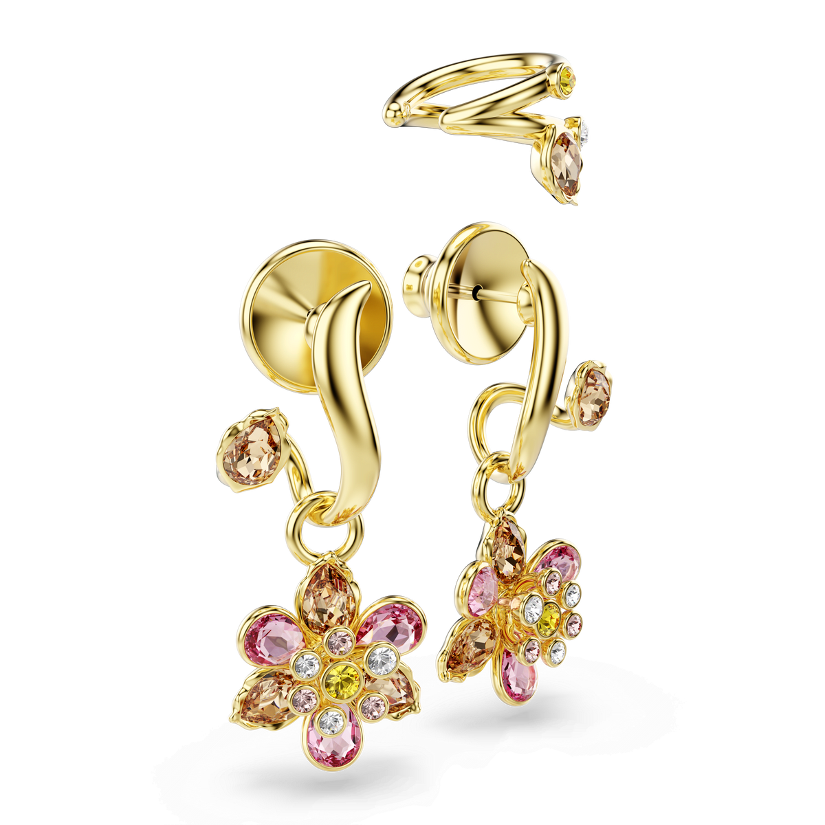 Adorn yourself with the Swarovski Idyllia Gold-Tone Plated Earrings, featuring pink, yellow, and clear gemstones artfully arranged in flower shapes. These exquisite pieces from Swarovski are embellished with sparkling stones on the hooks for added brilliance. Pair them with a matching gemstone ring for a coordinated look and discover these stunning designs at Swarovski Canada.