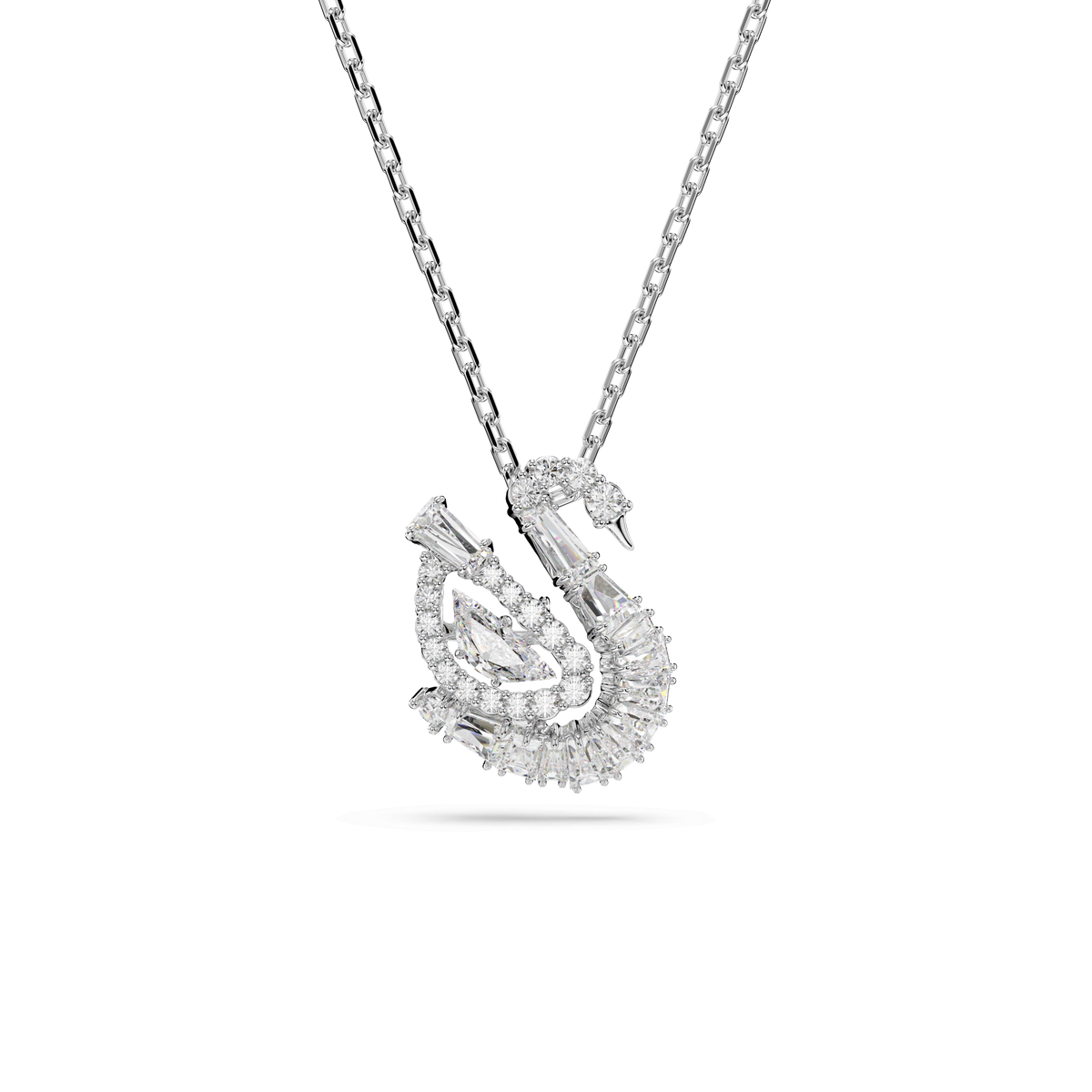 The Swarovski Swan pendant, Mixed cuts, Swan, White by Swarovski showcases a delicate swan design adorned with sparkling clear stones and hangs gracefully from a slim rhodium plated chain, set against a plain white background.
