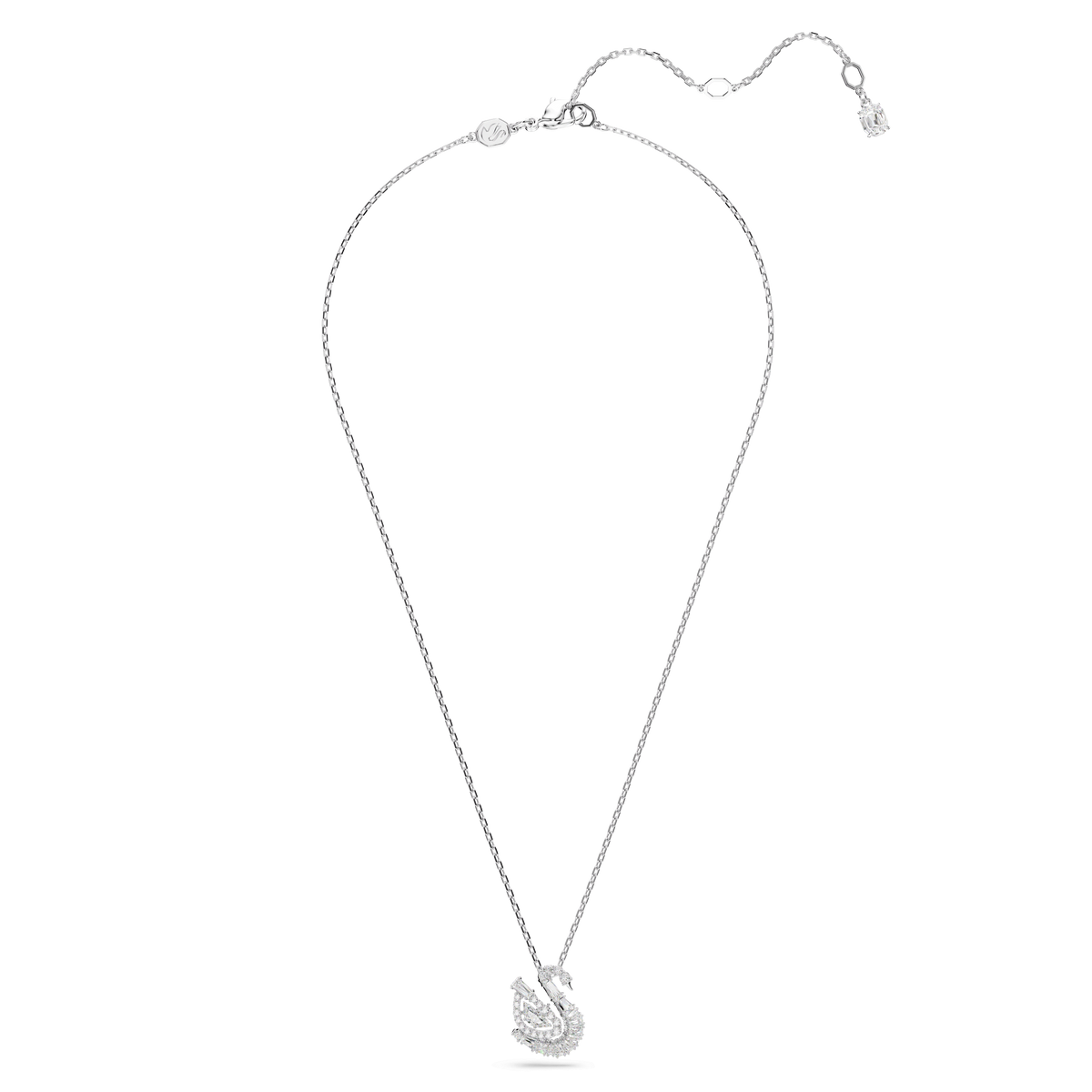 Showcased on a white background, the Swarovski Swan pendant features a sparkling swan motif adorned with small clear crystals in mixed cuts. The elegant design is finished with a rhodium-plated chain, adding an extra touch of sophistication to this signature piece from Swarovski.