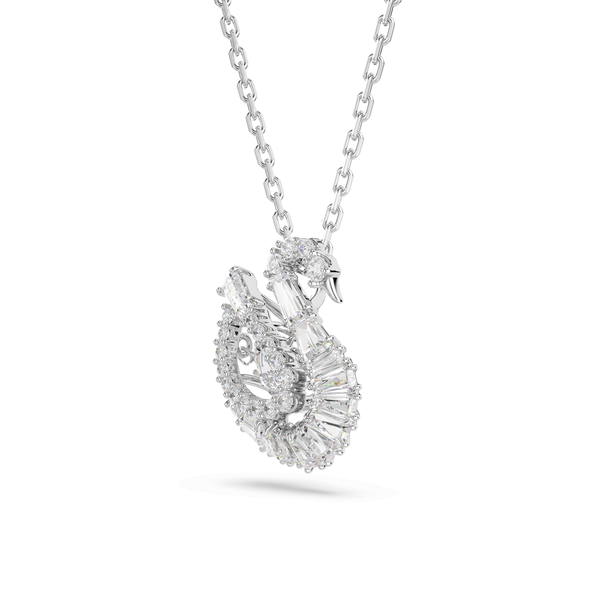 The Swarovski Swan pendant features a rhodium-plated silver chain adorned with a striking swan motif, embellished with mixed-cut clear Swarovski Zirconia gemstones, and is showcased on a plain white background.