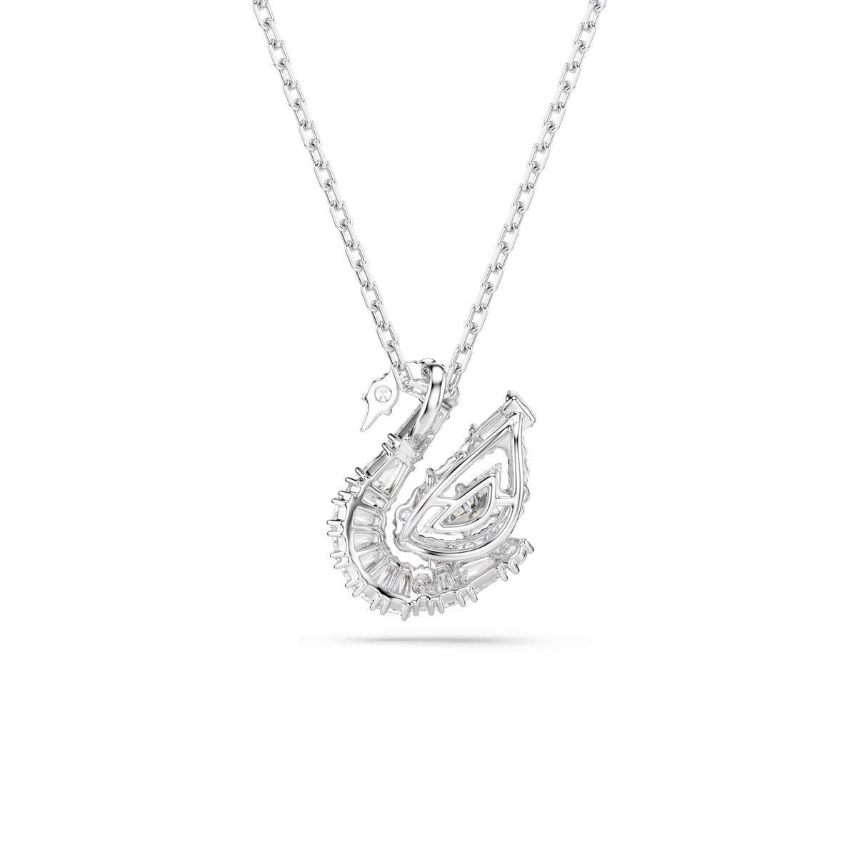 Swarovski’s Swan pendant in white features a swan-shaped design adorned with mixed cut, sparkling Swarovski Zirconia stones, suspended from a rhodium-plated chain and displayed against a plain white background.