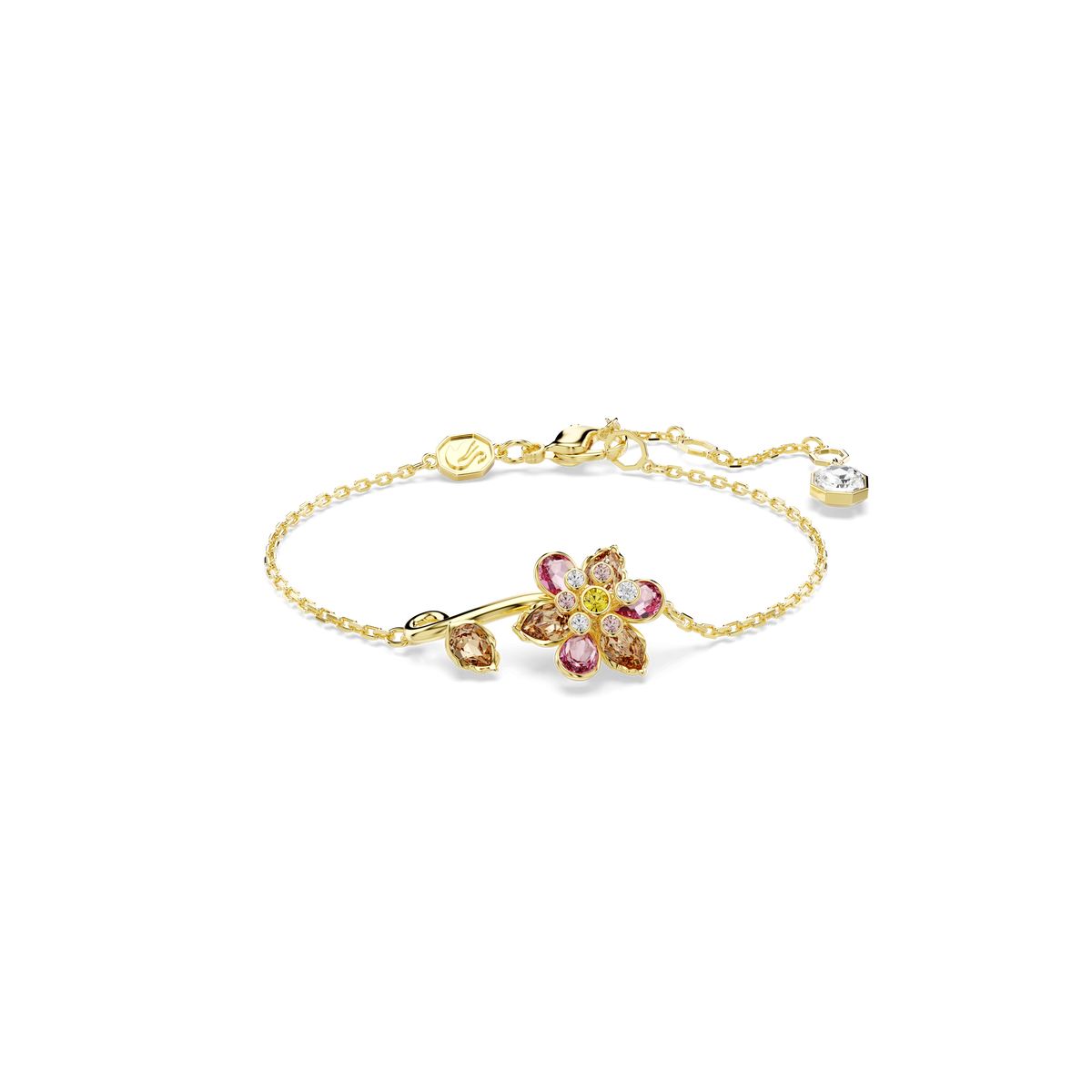 Swarovski Idyllia Bracelet XS by Swarovski showcases a delicate flower design with pink and yellow gemstones, a small leaf accent, and an adjustable clasp. This stunning bracelet exudes timeless elegance in every detail.