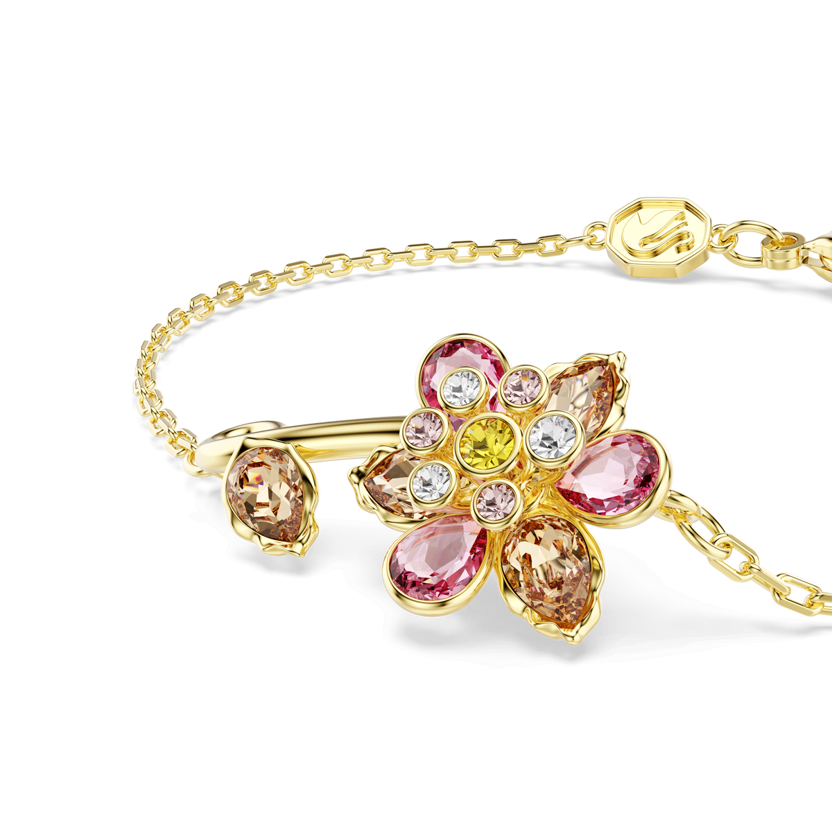 Introducing the Swarovski Idyllia Bracelet XS MUL/GOS M—a stunning piece from Swarovski featuring a gold-toned chain, an elegant flower-shaped centerpiece adorned with pink, yellow, and clear gemstones, and a delicate gemstone accent at the adjustable end. Discover this radiant bracelet at Raffi Jewellers, your trusted destination for Swarovski Canada.