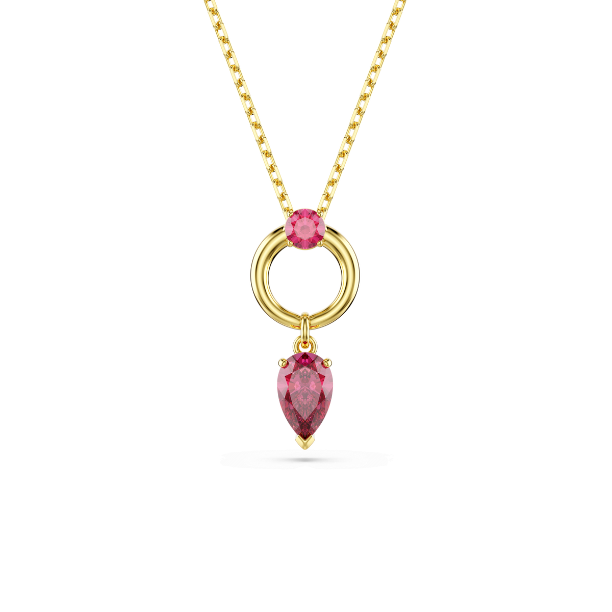 Enhance your look with the Swarovski Mesmera Pendant RED/GOS from Swarovski, available at Raffi Jewellers. This elegant gold necklace features a round pink gemstone above a sleek circular gold pendant, which delicately holds a teardrop-shaped pink gemstone. The simple yet modern design exudes timeless sophistication—perfect for those seeking an exquisite statement piece. Discover its beauty today at Swarovski Canada.