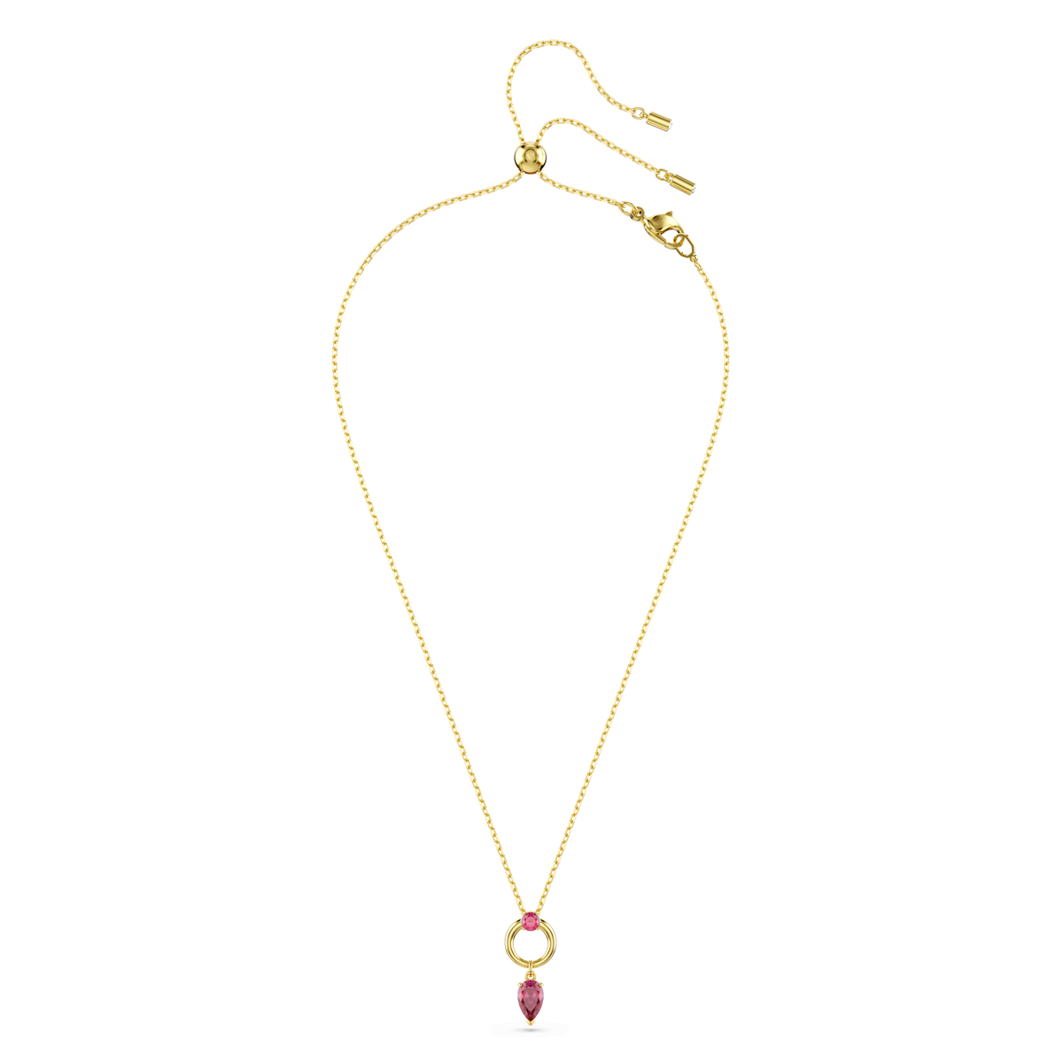 A delicate gold necklace with a slender chain, the Swarovski Mesmera Pendant RED/GOS features a small pink gemstone pendant accented by a circular gold detail. This elegant piece from Swarovski is available at Raffi Jewellers and includes an adjustable clasp for the perfect fit.
