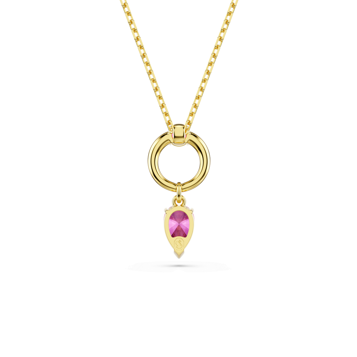 Introducing the Swarovski Mesmera Pendant RED/GOS, an elegant gold chain necklace by Swarovski, showcasing a circular pendant adorned with a dangling teardrop-shaped pink gemstone set in gold. Available at Raffi Jewellers and Swarovski Canada, this exquisite piece is beautifully displayed on a plain white background.