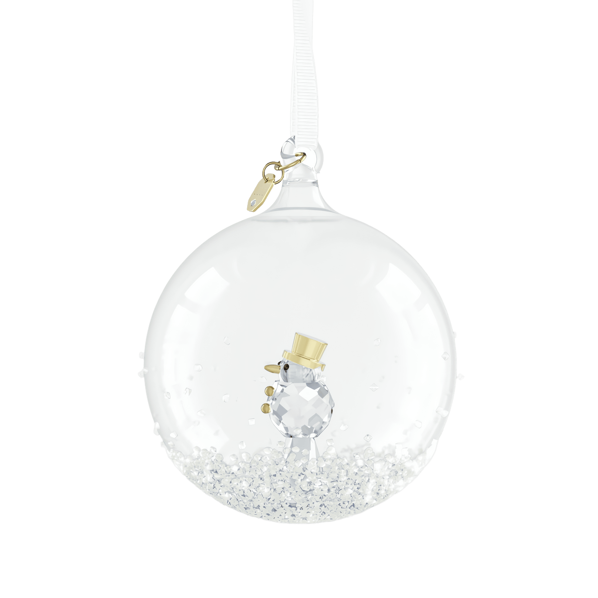 The Swarovski Annual Edition Ball Ornament 2026 by Swarovski features a clear glass design encasing a faceted crystal snowman with a gold top hat and nose, standing on shimmering white crystals. Finished with a white ribbon for hanging, this sparkling crystal Christmas ornament is the perfect festive addition to your holiday décor.