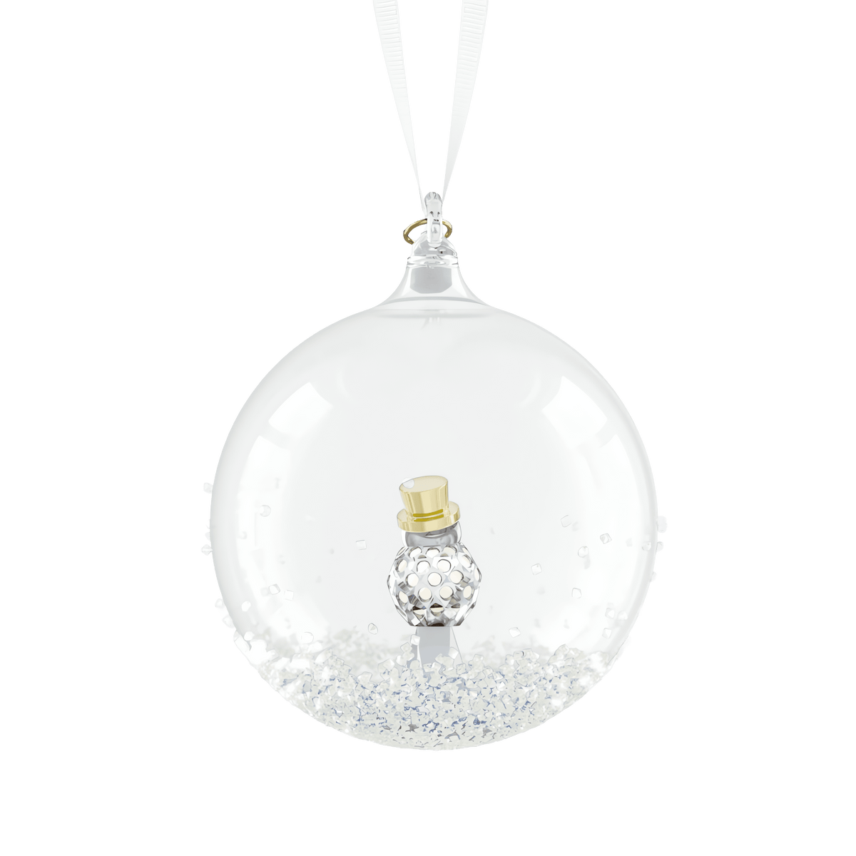A clear Swarovski Annual Edition Ball Ornament 2026, by Swarovski, encases a small silver and gold perfume bottle nestled among sparkling crystals. The ornament hangs from a white ribbon against a plain white background.