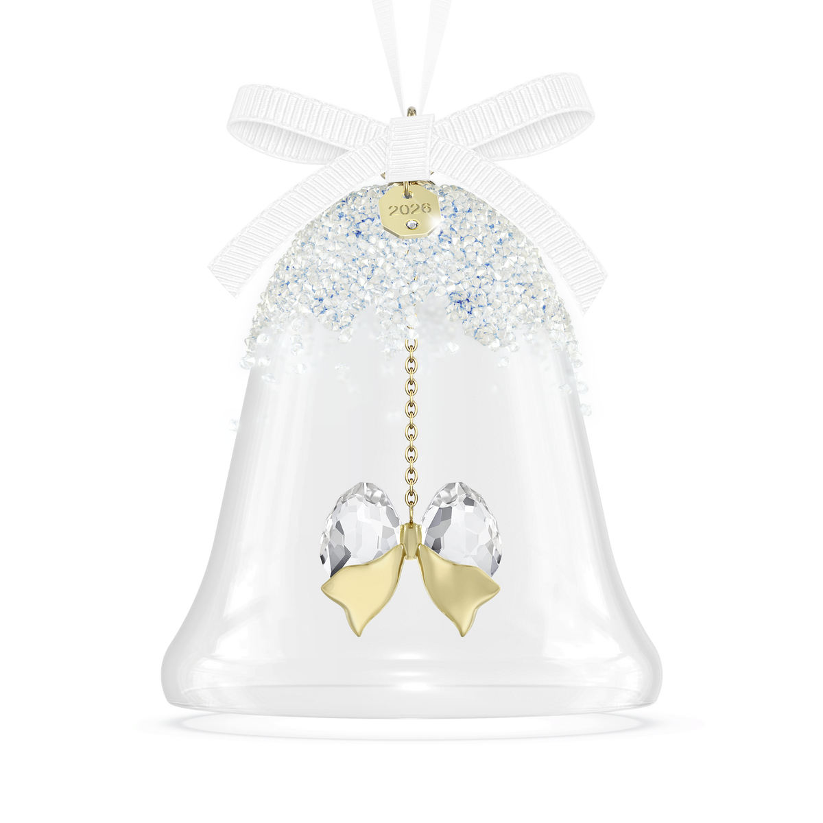 A clear glass bell ornament from Swarovski, featuring sparkling crystals, a white ribbon on top, and a gold tag engraved with “2026.” Inside, two delicate gold and crystal leaf-shaped pieces dangle, making the Swarovski Annual Edition Bell Ornament 2026 a dazzling holiday decoration that captures the elegance of this renowned series.