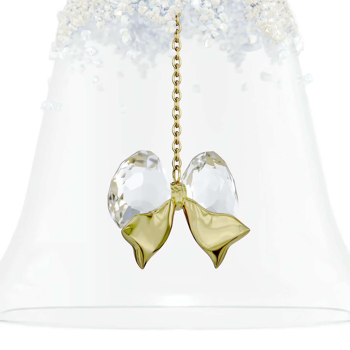 The Swarovski Annual Edition Bell Ornament 2026 by Swarovski showcases a gold-toned chain with a decorative bow, its crystal-like, faceted loops and metallic gold tails sparkling against a translucent, textured glass backdrop—an elegant piece reminiscent of a luxurious Christmas ornament or radiant holiday decoration.