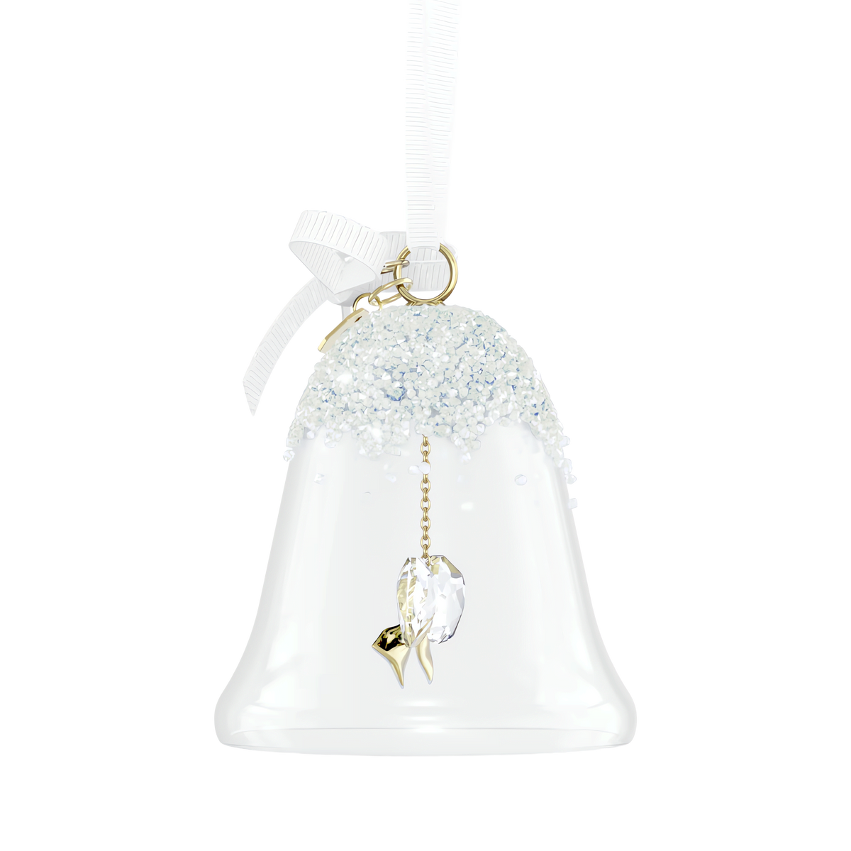 Introducing the Swarovski Annual Edition Bell Ornament 2026 by Swarovski—a clear glass bell ornament featuring a delicate gold leaf and sparkling crystal charm inside. Accented with white glitter and finished with a white ribbon for hanging, this elegant ornament makes a stunning addition to your 2026 Christmas décor. Perfect as a crystal holiday decoration, it brings timeless sparkle and sophistication to your festive celebrations.
