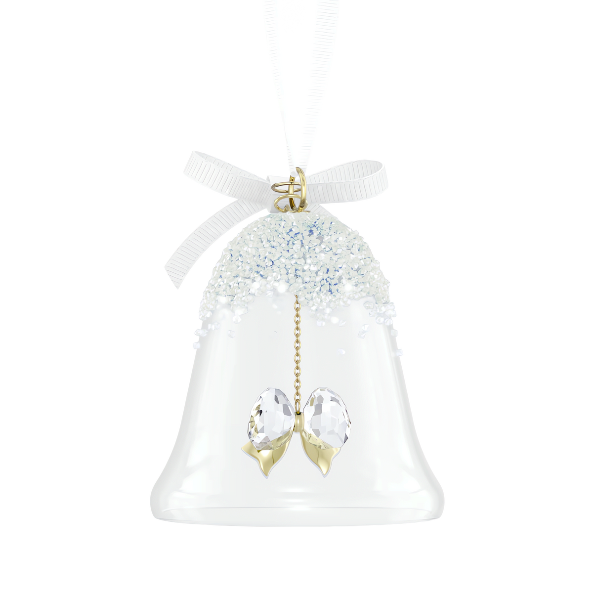 Showcasing Swarovski’s annual tradition, the Swarovski Annual Edition Bell Ornament 2026 features clear glass crafted into a bell with a gold-tone chain and two radiant crystal clappers. The textured, frosty top is finished with a white ribbon bow for hanging, making this sparkling ornament from Swarovski an exquisite holiday decoration or Christmas keepsake. Set against a plain white background.