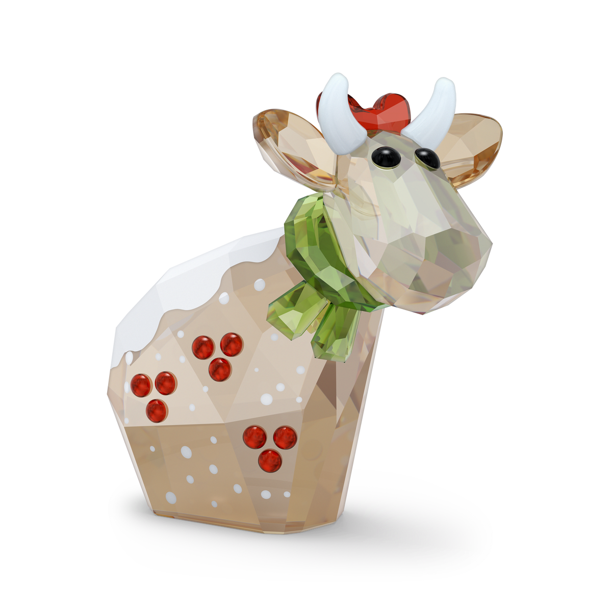 The Swarovski Mo Holiday Annual Edition 2026 by Swarovski is a charming crystal figurine featuring a cow adorned with a green scarf, white horns, and red spots on its body. A red heart accents its head, while a frosted white pattern decorates its back, making it a delightful collectible decoration for the holiday season.