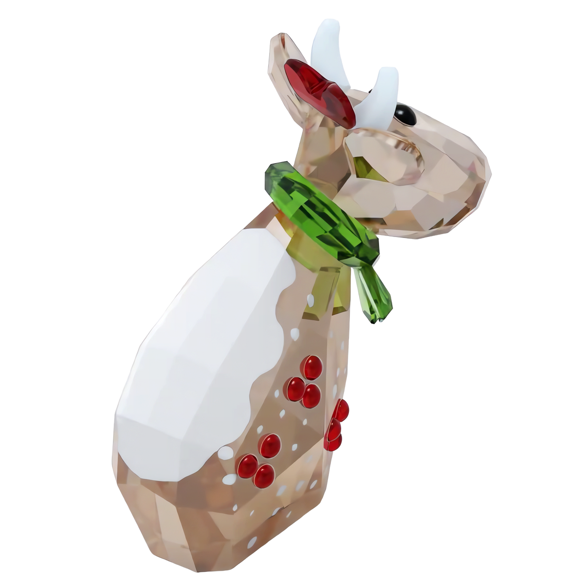 The Swarovski Mo Holiday Annual Edition 2026 figurine by Swarovski features faceted crystal in white, brown, and red accents, adorned with a green crystal scarf and a red flower by its ear. Viewed from the side, this exquisite collectible is a perfect addition to any festive display.
