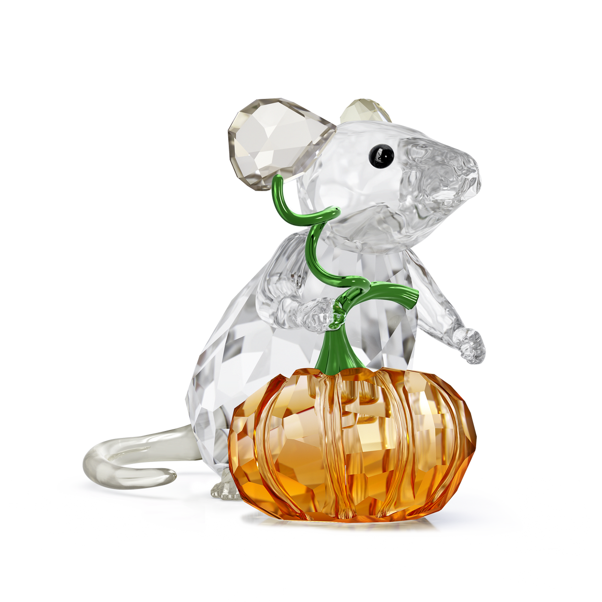 The Swarovski Idyllia Mouse and Pumpkin by Swarovski features a faceted crystal mouse with black eyes holding a sparkling orange pumpkin with a green stem on a white background, making it an enchanting pumpkin decoration for any Halloween display.