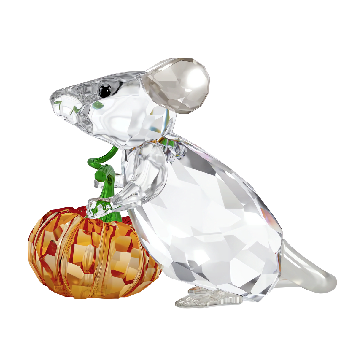 The Swarovski Idyllia Mouse and Pumpkin figurine by Swarovski features a clear crystal mouse with sparkling green eyes delicately holding an orange pumpkin with a green stem. Perfect as a pumpkin decoration or centerpiece for your Halloween display, this piece stands out beautifully against a plain white background.