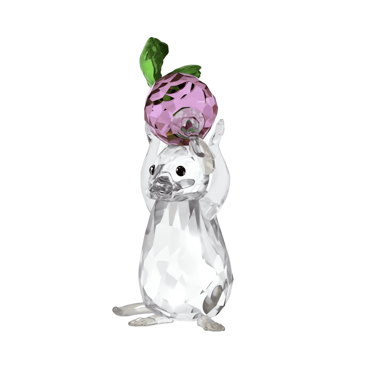 The Swarovski Idyllia Mouse and Radish by Swarovski showcases a faceted crystal mouse holding a sparkling pink crystal radish with green leaves above its head. This elegant decoration highlights the mouse’s black eyes and small nose, set against a plain white background.