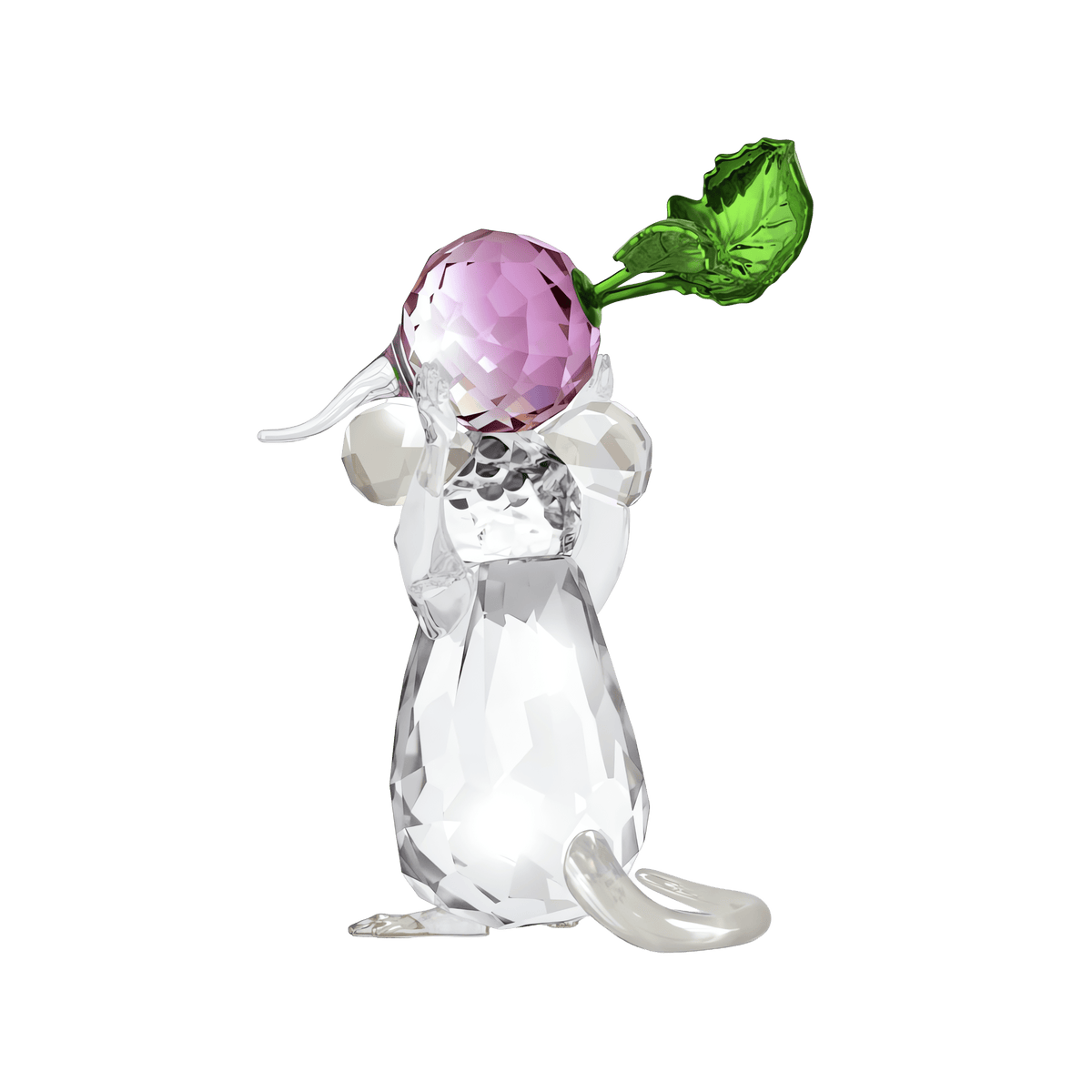 The Swarovski Idyllia Mouse and Radish figurine by Swarovski features a clear, upright mouse holding a faceted pink crystal radish topped with a green leaf. The smooth, shiny body and tail of the mouse make this elegant piece a charming crystal decoration, beautifully displayed against a plain white background.