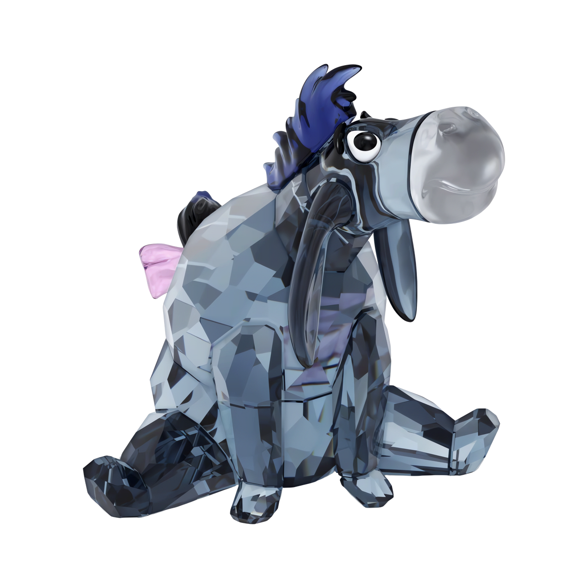 The Swarovski Winnie The Pooh Eeyore figurine by Swarovski features a faceted crystal representation of Eeyore, the beloved donkey from Disney’s Winnie the Pooh. This enchanting collectible showcases Eeyore sitting down with purple ears, a black mane, and a pink bow on his tail, set against a plain white background.