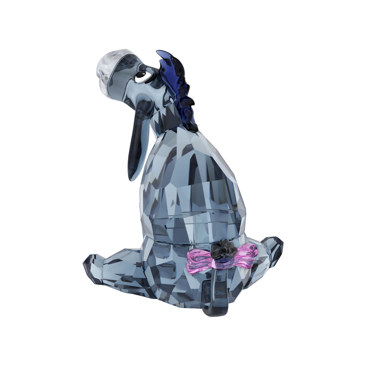 The Swarovski Winnie The Pooh Eeyore figurine by Swarovski features Eeyore sitting with a pink bow on his tail and a blue mane, viewed from behind against a plain white background—a charming Disney collectible perfect for fans and collectors.