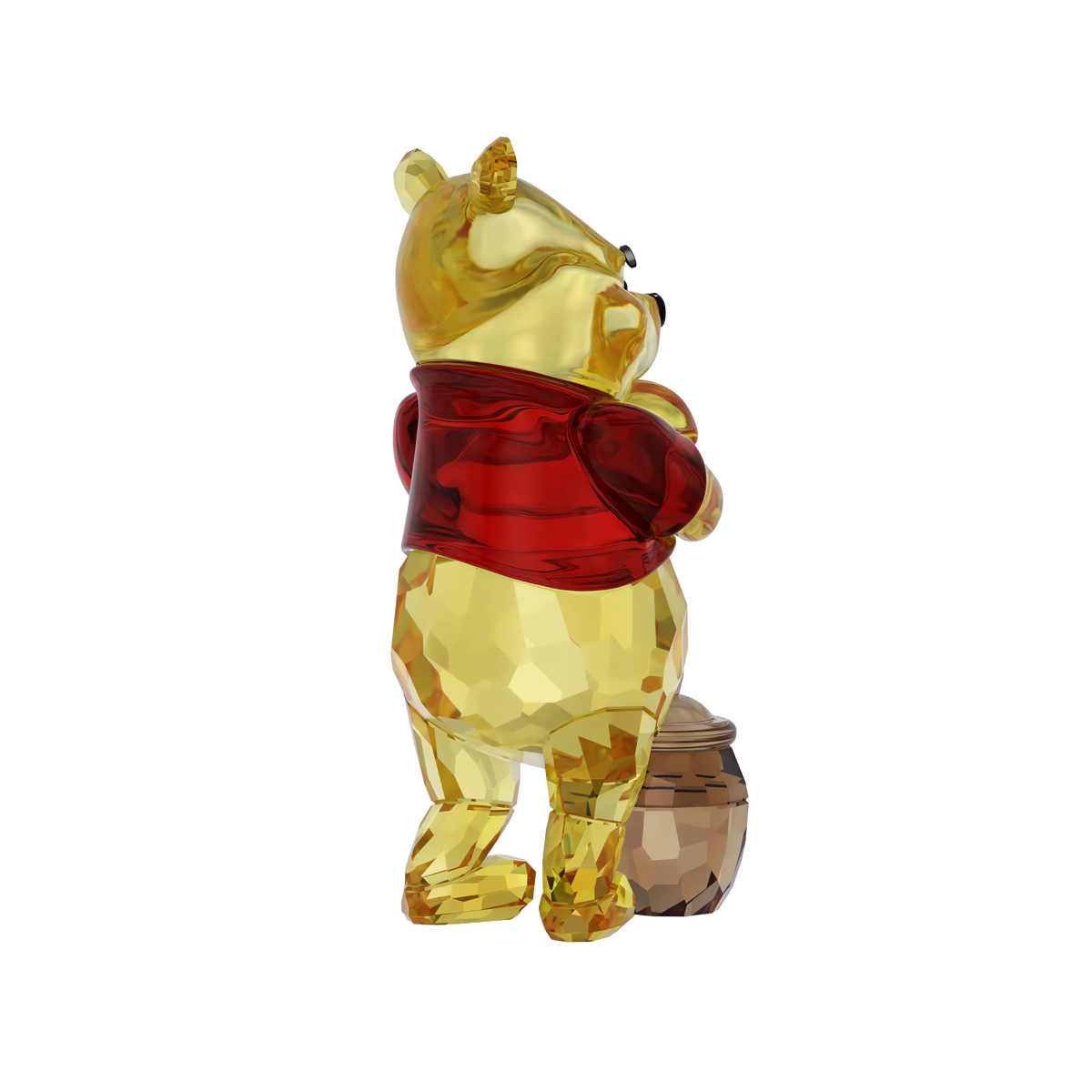 The Swarovski Winnie The Pooh figurine by Swarovski is a delightful Disney collectible, showcasing the beloved bear in a red shirt standing upright and facing away, accompanied by a small pot, all expertly crafted from sparkling Swarovski crystal and displayed against a white background.