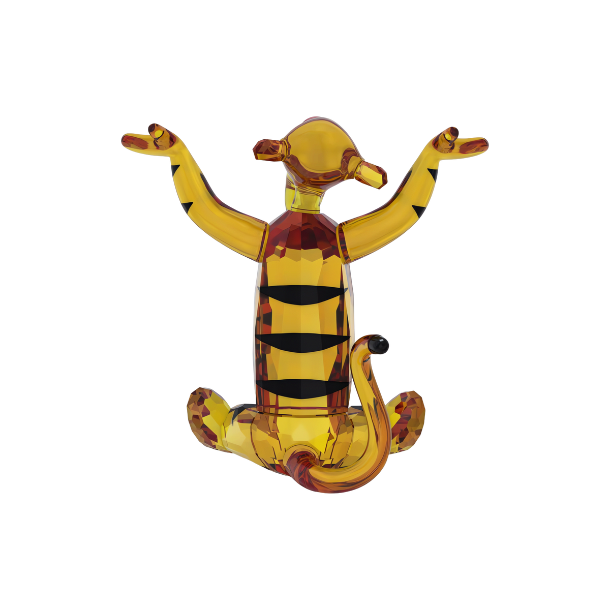 A Swarovski Winnie The Pooh Tigger glass figurine by Swarovski, featuring a sitting tiger with orange and black stripes and raised arms, shown from the back against a plain white background—evoking the playful charm of a delightful Disney crystal gift.