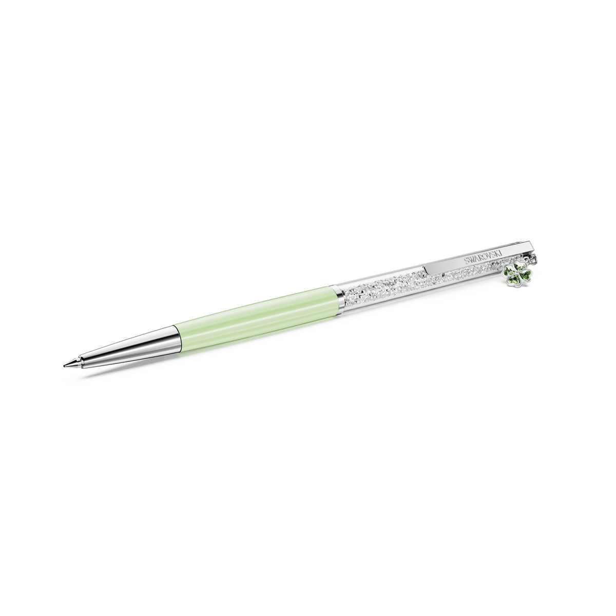 The Swarovski Crystalline ballpoint pen, Clover edition, features a green lacquered barrel with chrome-plated accents and a sparkling decorative clip adorned by a small green gem at the top, showcased on a white background.