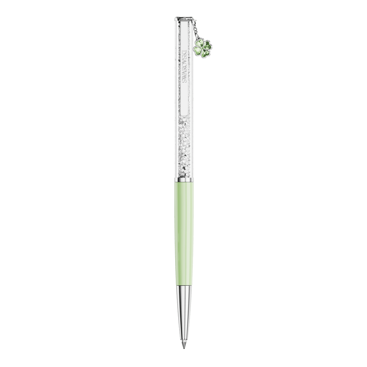 The Swarovski Crystalline ballpoint pen, Clover edition, showcases a green lacquered finish with chrome-plated accents, a clear upper barrel filled with glittering crystals, and is adorned with a charming green clover charm—making it an elegant addition to any crystal pen collection.