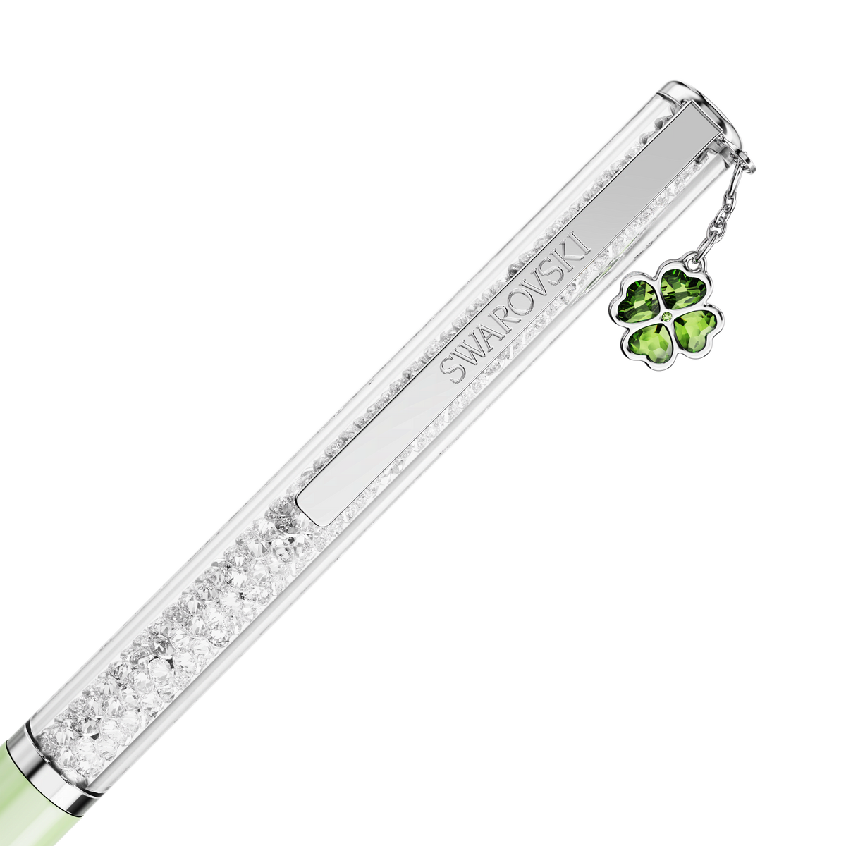 Introducing the Swarovski Crystalline ballpoint pen, Clover – a sophisticated writing instrument from Swarovski. This green lacquered pen features chrome-plated accents, a silver clip, sparkling clear crystals embedded in the upper barrel, and a delightful green four-leaf clover charm near the top. Blending refined style with subtle sparkle, it’s an elegant accessory for every writing occasion.