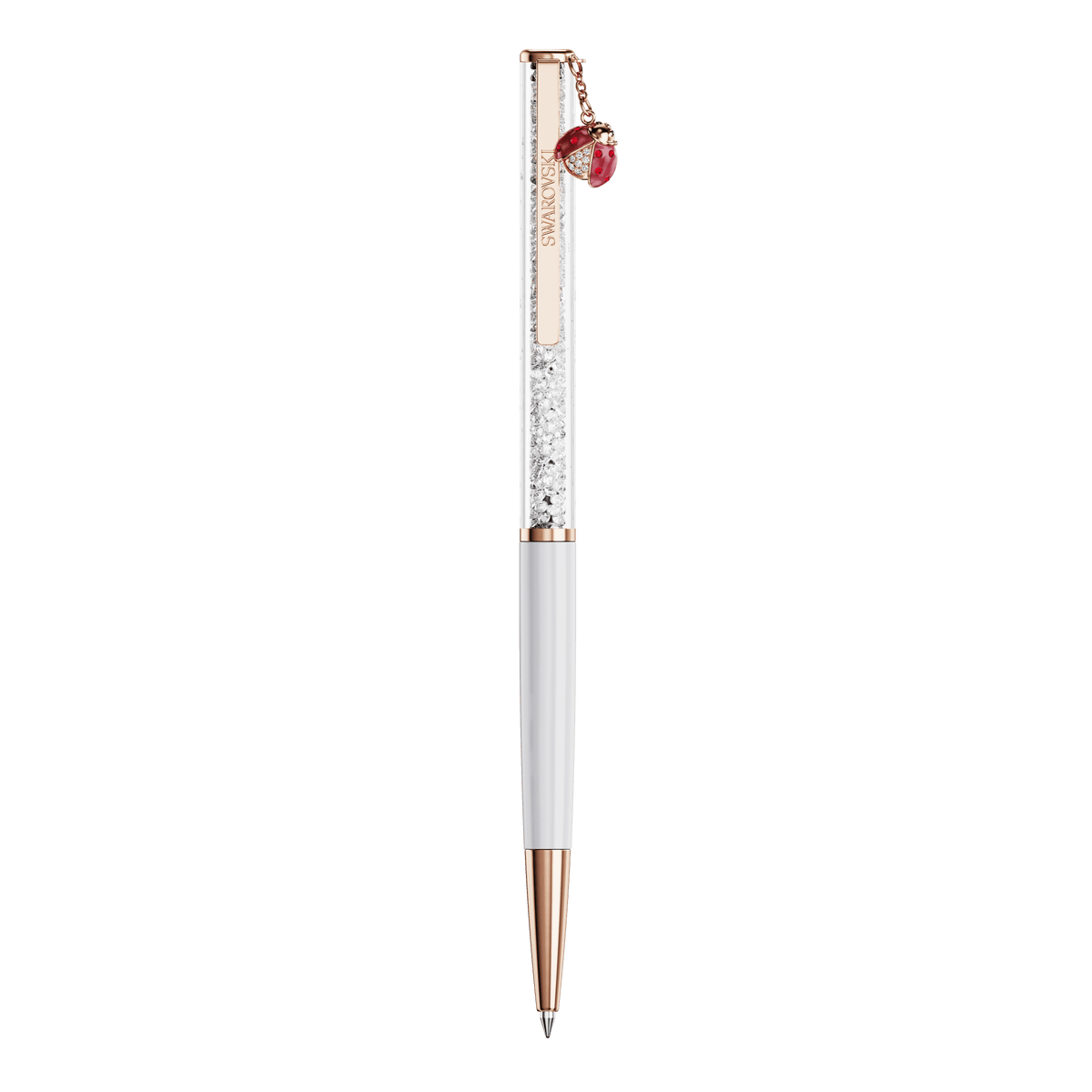 The Swarovski Crystalline ballpoint pen, Ladybug, features a sleek white barrel accented with red lacquer and rose gold-tone plating. Filled with clear Swarovski crystals and adorned with a charming red ladybug near the top, this elegant pen adds both whimsy and sophistication to your writing routine.