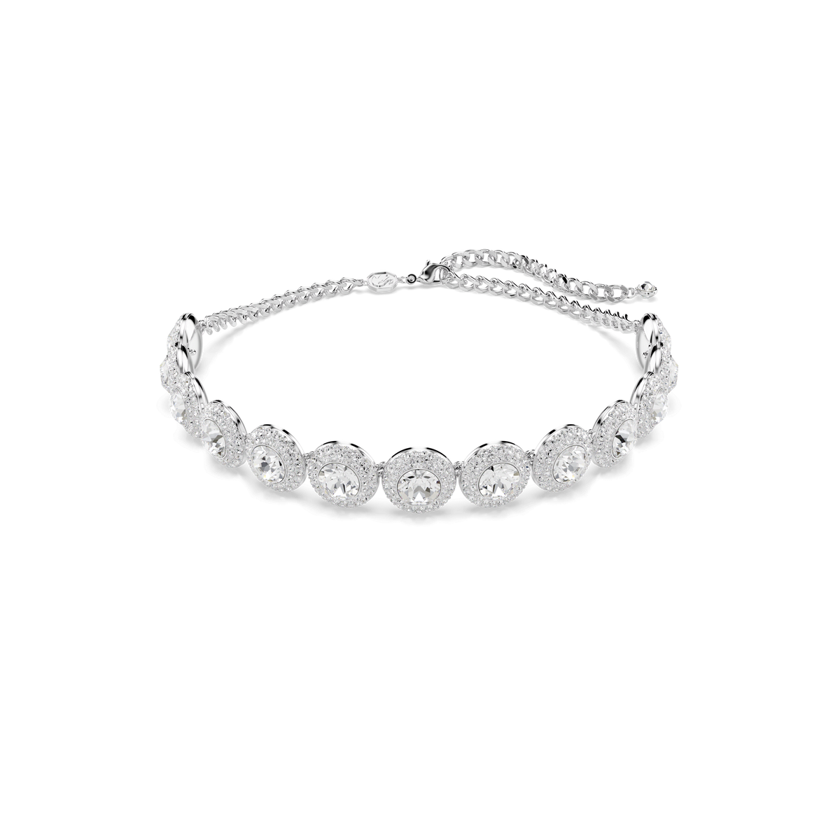 The Swarovski Una Angelic choker, White, Rhodium plated, by Swarovski showcases a row of round, sparkling gemstones, each set individually, and features an adjustable chain and clasp for the perfect fit. Displayed against a plain white background, this elegant piece of jewelry is ideal for adding a touch of sophistication to any ensemble.