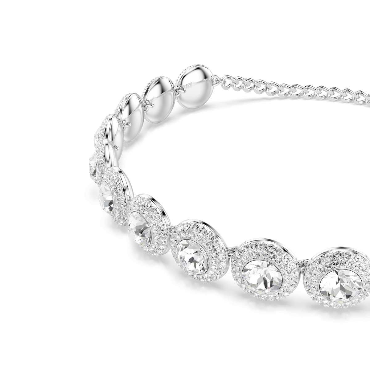A close-up of the Swarovski Una Angelic choker in white, featuring round, clear gemstones surrounded by small crystals and connected by a delicate rhodium-plated chain against a white background—an elegant Swarovski jewelry piece that radiates timeless sophistication.