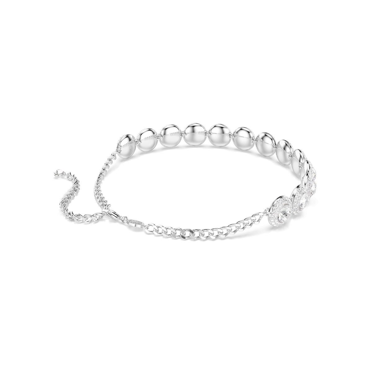 Introducing the Swarovski Una Angelic choker: a stunning piece of elegant jewelry from Swarovski, crafted with a rhodium-plated chain and brilliant white crystals. This exquisite choker features two sparkling circular charms at its center and an adjustable chain for the perfect fit—displayed on a clean, white background, it adds subtle sophistication to any look.