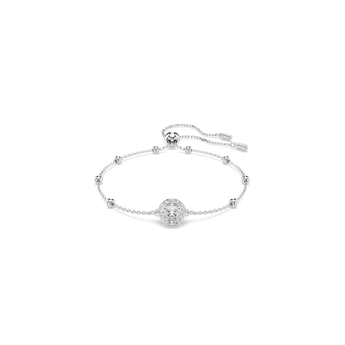Discover the Swarovski Una Angelic bracelet, a rhodium-plated design featuring a central round charm adorned with dazzling round-cut white crystals and decorative beads along the chain, complete with an adjustable sliding clasp for a perfect fit.