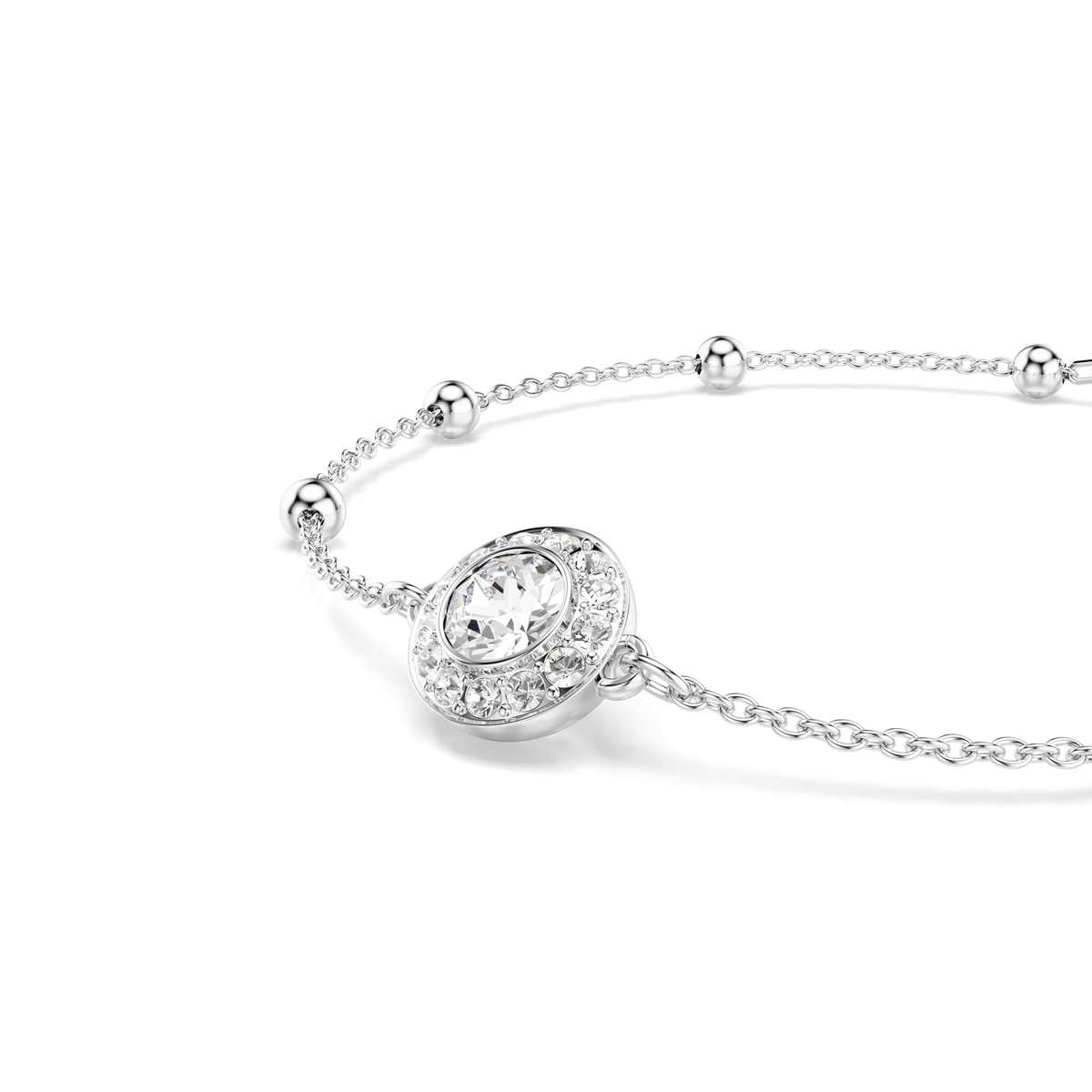The Swarovski Una Angelic bracelet features a central round cut diamond surrounded by smaller stones, set on a fine rhodium plated chain adorned with delicate silver beads. Shown against a white background, this adjustable Swarovski bracelet brings effortless elegance to any ensemble.