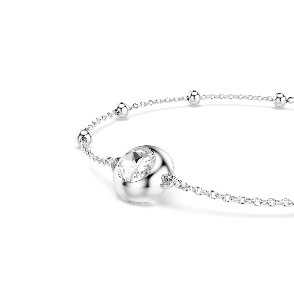 Close-up of the Swarovski Una Angelic bracelet, featuring a central round-cut white crystal charm and small, evenly spaced silver beads on a rhodium plated chain, displayed against a white background.