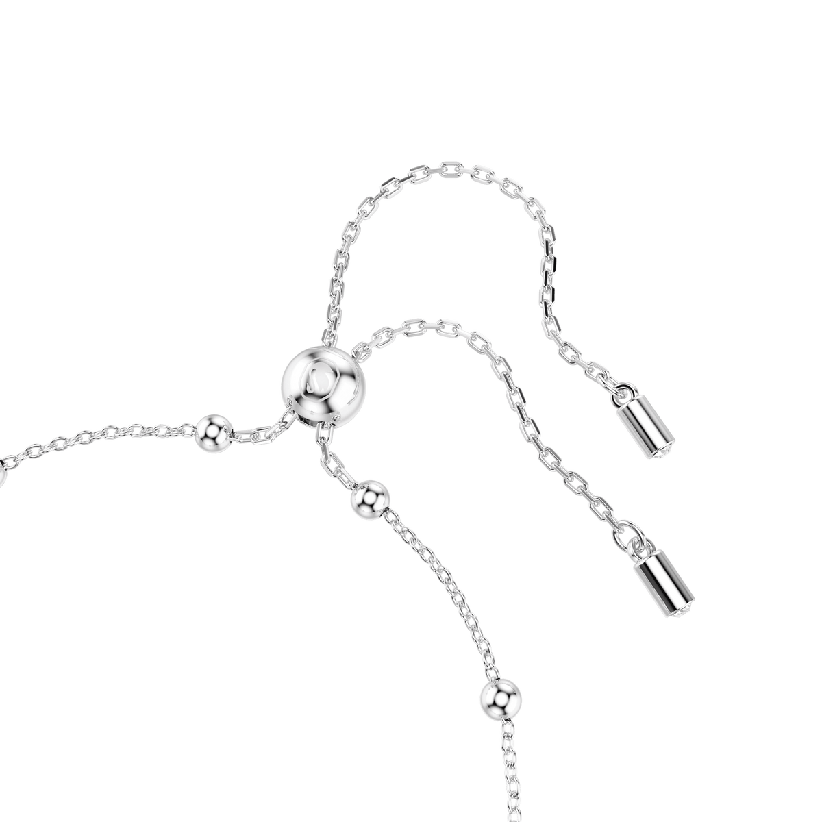 A close-up of the Swarovski Una Angelic bracelet, featuring round-cut white crystals and rhodium plating, with a silver adjustable chain, a sliding bead clasp, and small cylindrical ends, displayed on a plain white background.