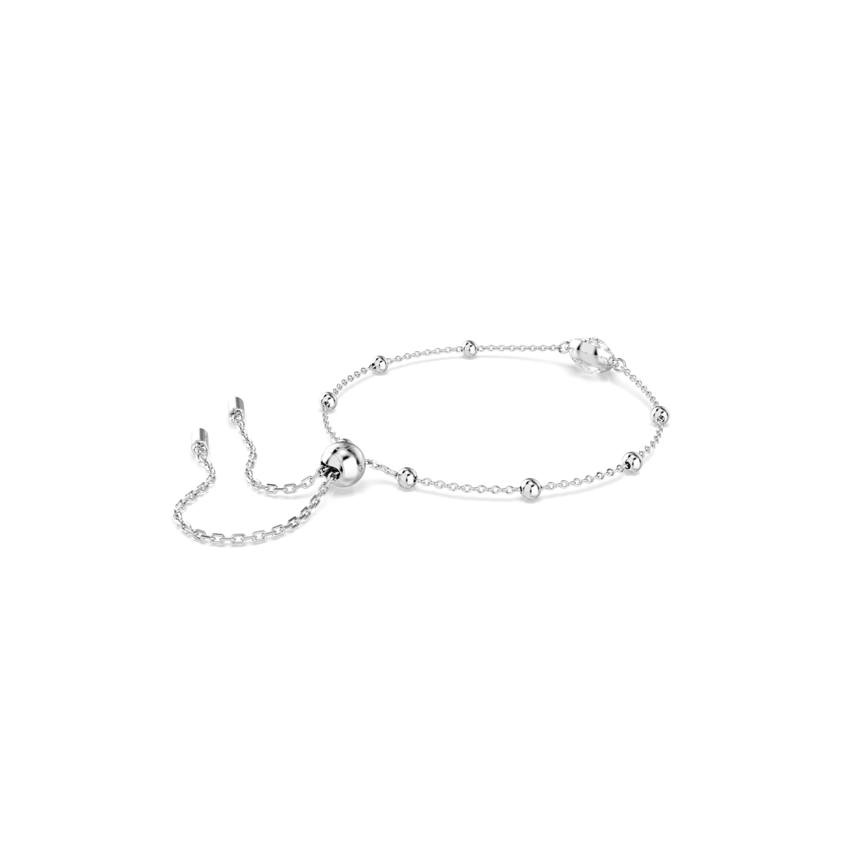 The Swarovski Una Angelic bracelet features round-cut white stones evenly spaced along a fine chain, finished in radiant rhodium plating. This elegant adjustable-fit bracelet by Swarovski includes a sliding clasp for easy size adjustment and is showcased on a plain white background.