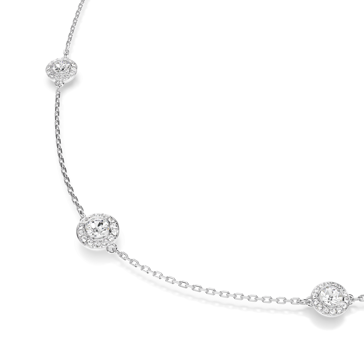 Introducing the Swarovski Una Angelic strandage, a stunning necklace from Swarovski featuring three evenly spaced round cut white crystals, each encircled by a sparkling halo. The minimalist rhodium-plated chain is perfect for layering and is beautifully showcased against a white background.