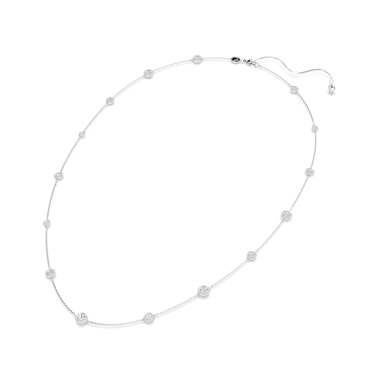 Introducing the Swarovski Una Angelic strandage—a delicate necklace by Swarovski, showcasing evenly spaced round-cut white crystals set on a thin, rhodium-plated chain with an adjustable clasp. Perfect for layering with your favorite jewelry pieces.