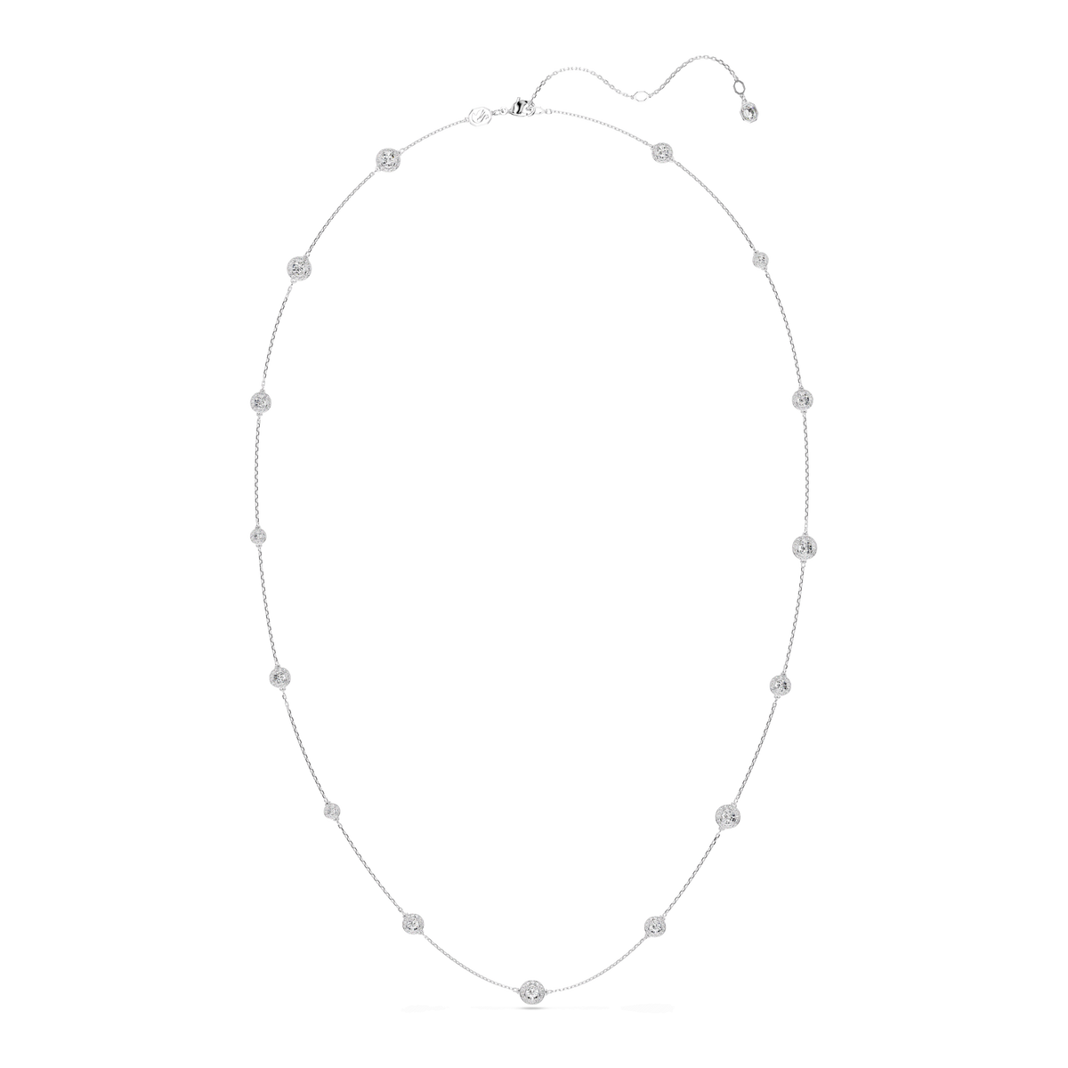 Swarovski Una Angelic strandage necklace by Swarovski, featuring round-cut white crystals evenly spaced along a rhodium-plated chain. Displayed on a plain white background, this adjustable clasp necklace is perfect for layering jewelry.
